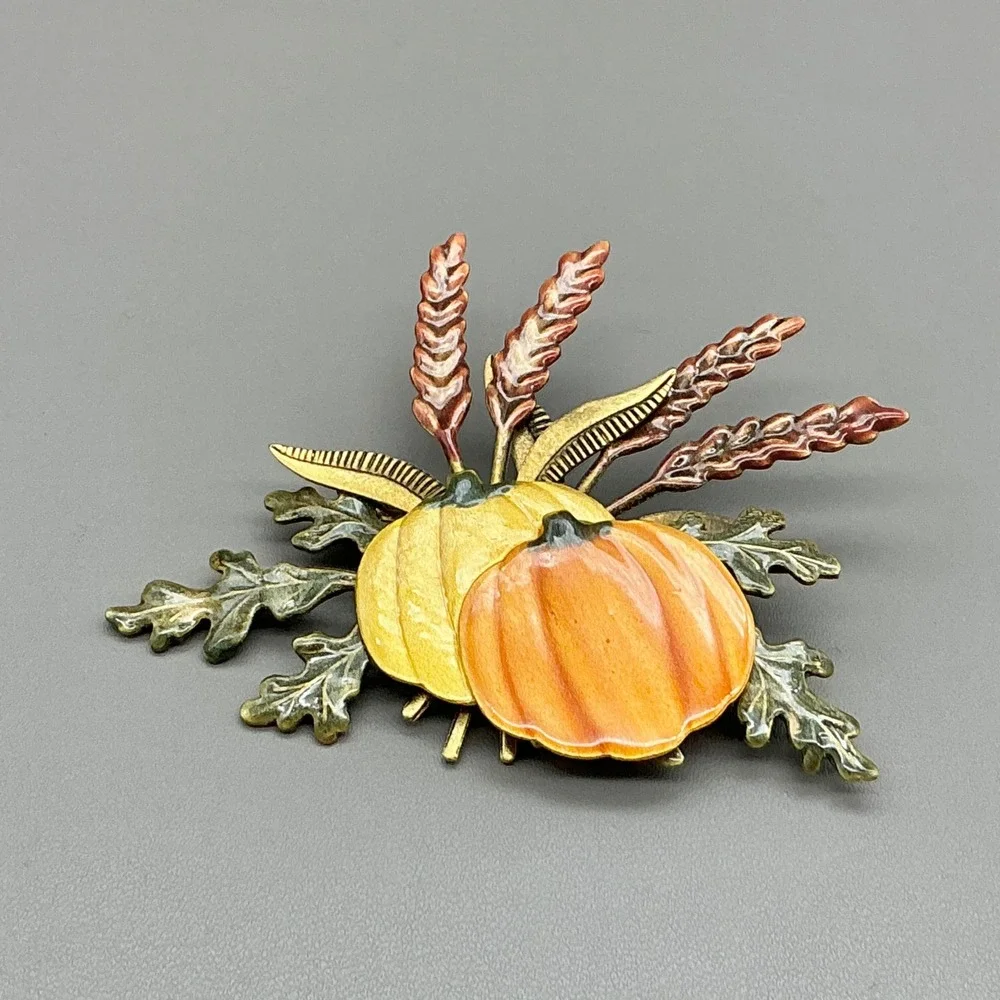Pumpkin Brooch Women Orange Yellow Wheat Harvest Autumn Fall Enamel Pin Jewelry
